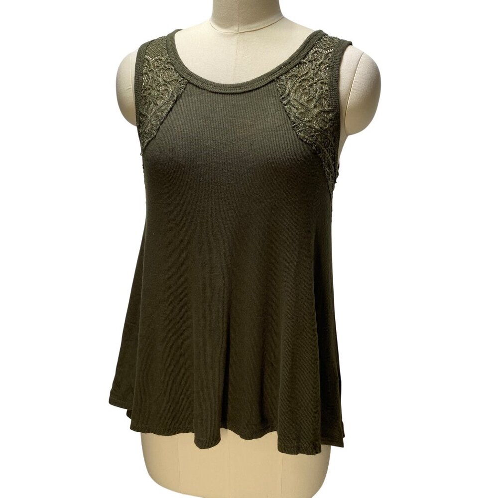 Olive Green‎ Sleeveless L Tank Top With Lace Detail Fun Park Picnic